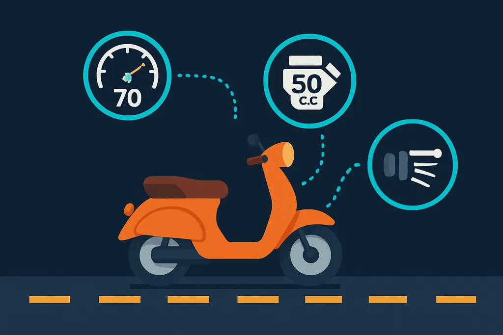 Illustration d'un cyclomoteur orange entouré de 3 badges reliés par des pointillés : un compteur à 70, un moteur de 50 cc, et une poignée d'accélérateur symbolisant la transmission automatique.