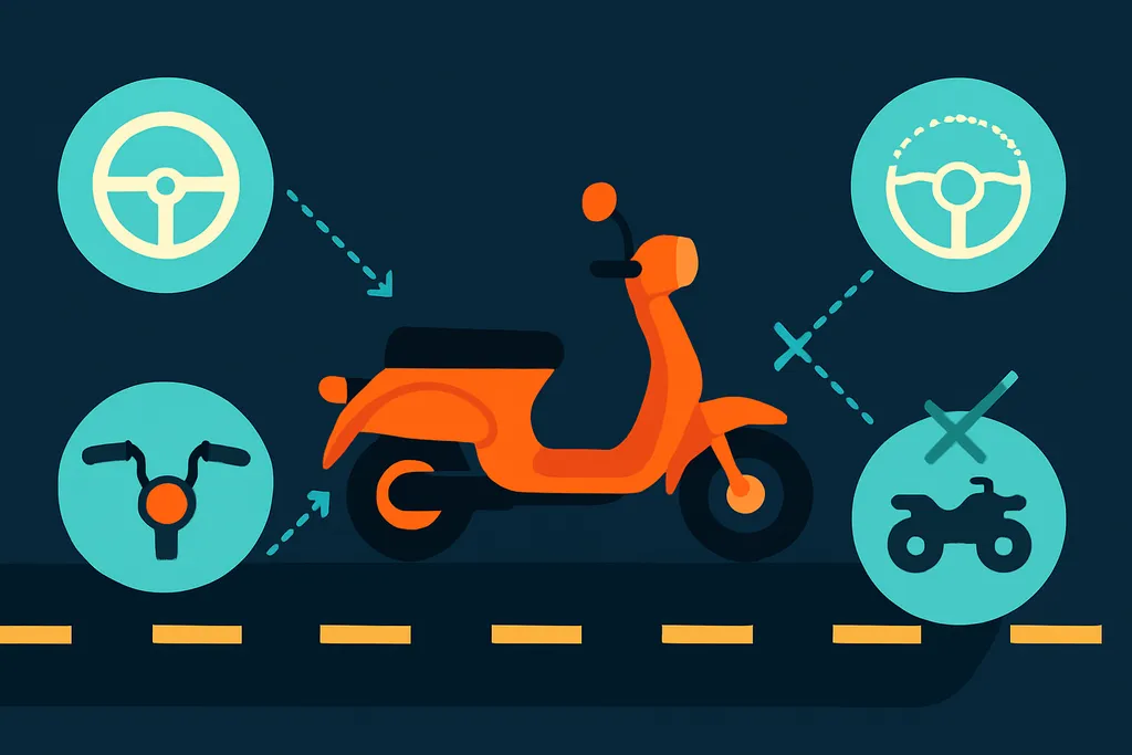 Illustration d'un cyclomoteur orange : à gauche, un volant et un guidon de moto reliés au cyclomoteur par des flèches, montrant que ces permis donnent le droit d'en conduire un ; à droite, un volant en pointillés (permis apprenti) et un VTT, tous deux barrés d'un X, montrant que ces documents ne donnent pas ce droit.