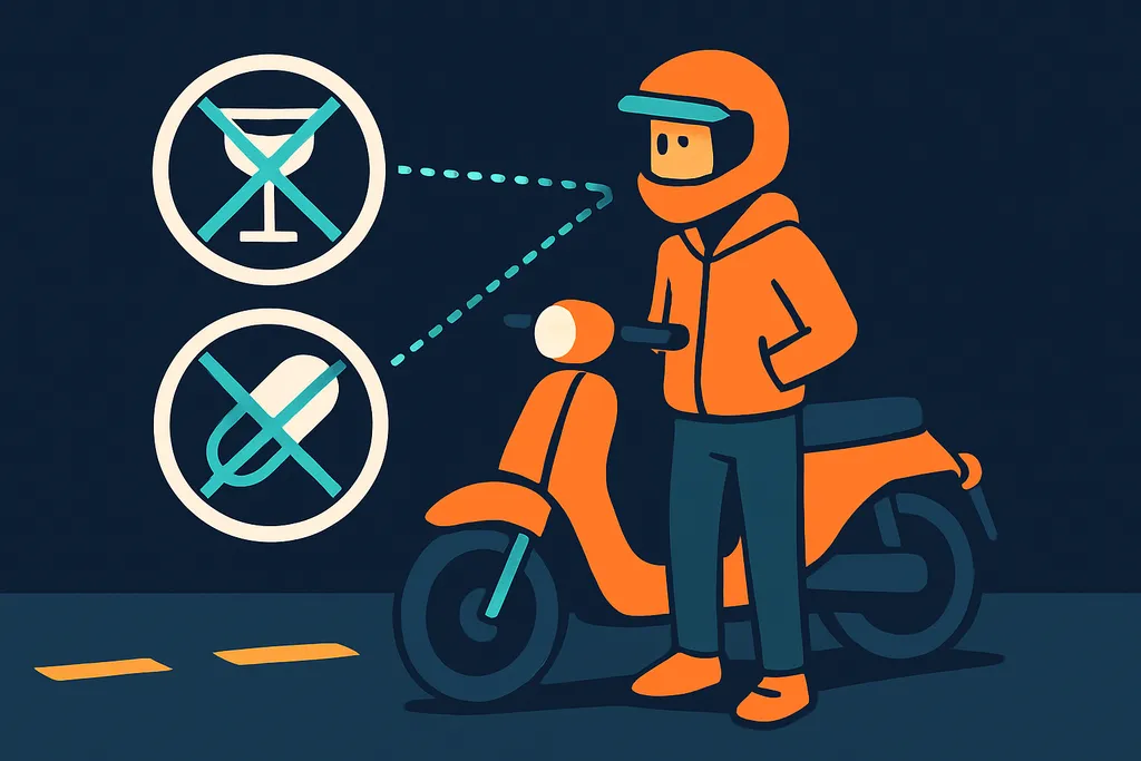 Illustration d'un jeune cyclomotoriste casqué debout à côté de son cyclomoteur, avec deux badges reliés par des pointillés : un verre d'alcool barré d'un X et une pilule barrée d'un X, symbolisant la tolérance zéro alcool et drogue.