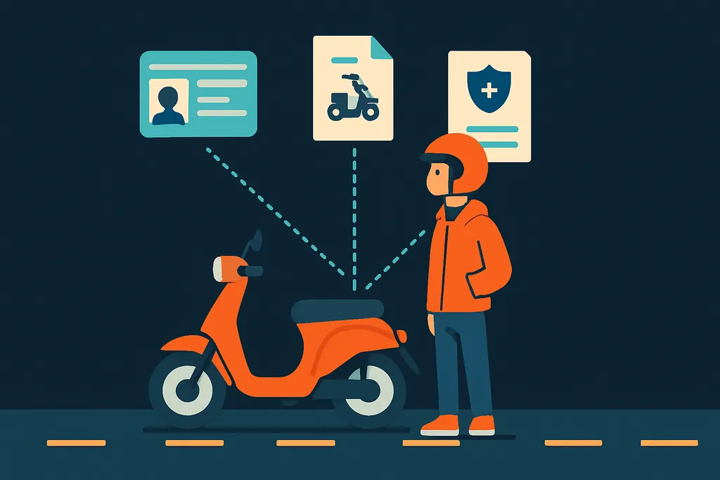 Illustration d'un cyclomotoriste casqué debout près de son cyclomoteur orange, avec 3 badges reliés par des pointillés jusqu'à sa poche : un permis de conduire, un certificat d'immatriculation et un certificat d'assurance.